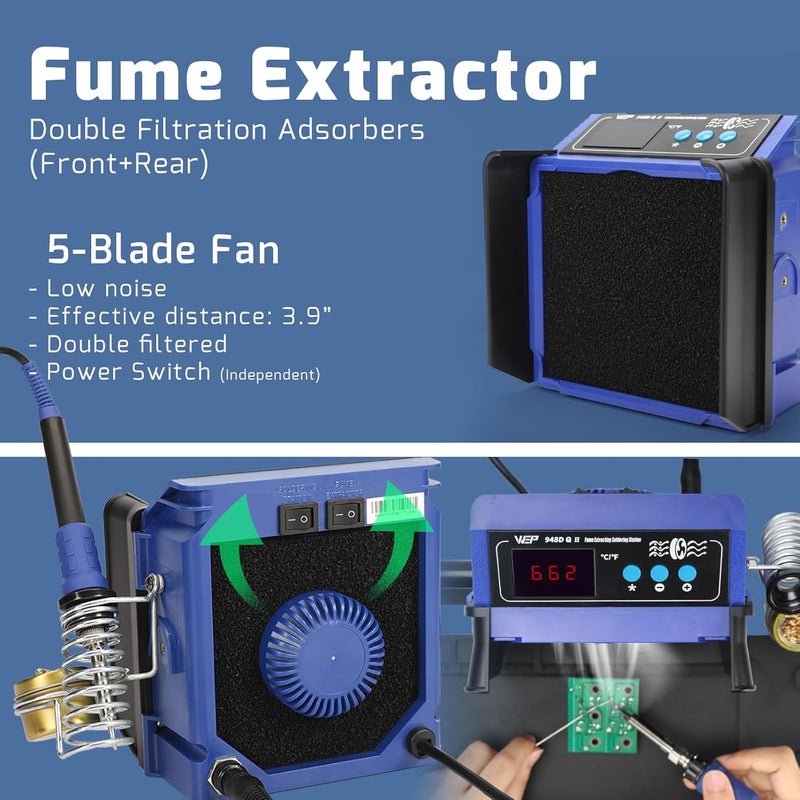 WeP 948DQ-II Double Filter Fume Extractor Soldering Iron Station 2-in-1 Solder Smoke Absorber, Soldering Fan with PID Control,℉/℃, Sleep Mode, Tip Cleaner, 3 Soldering Tips, 35g Solder - Image 2